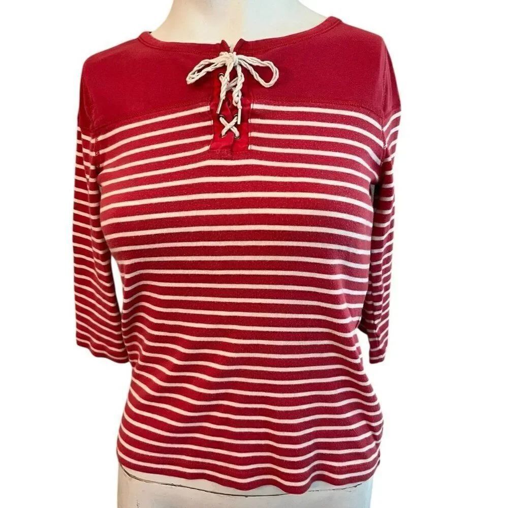 LRL Lauren Jeans Co XS Red White Striped Cotton Top Lace-Up Neck 3/4 Sleeve